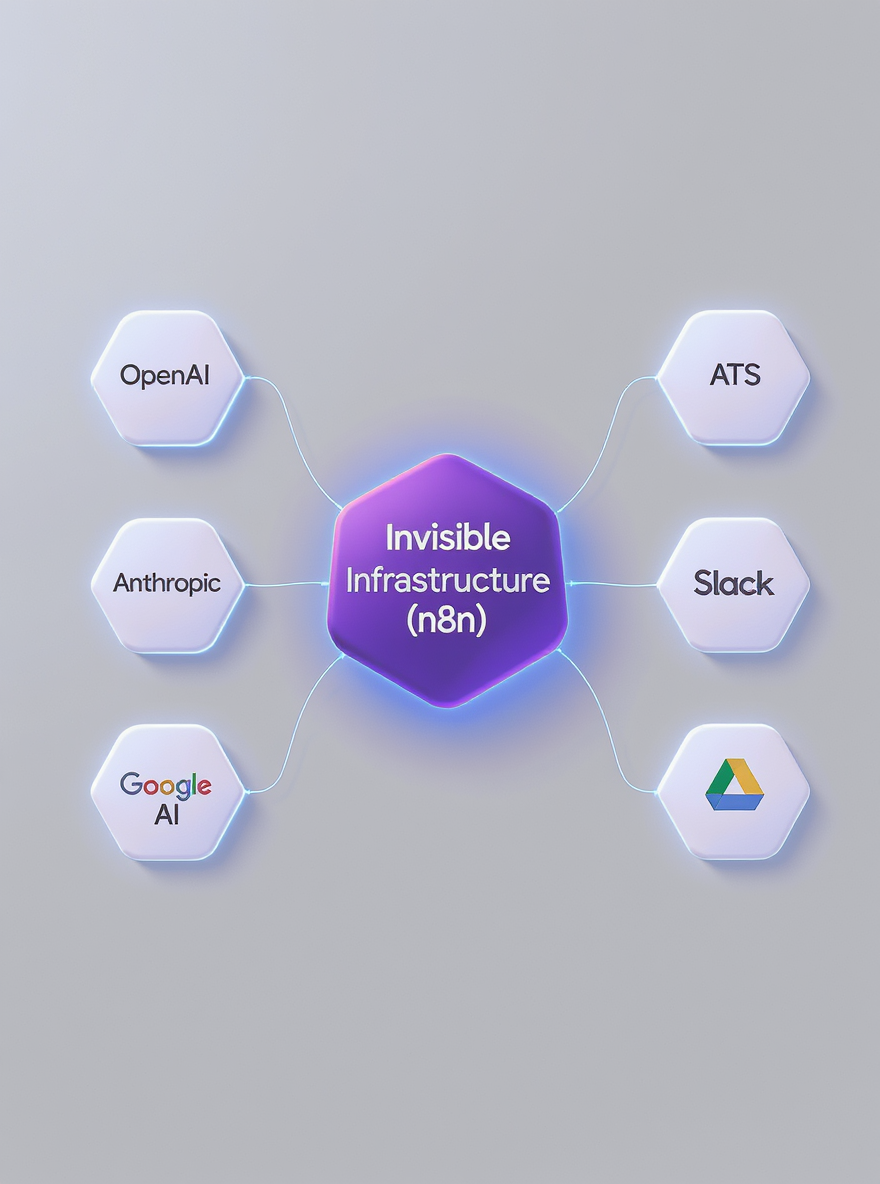 Diagram showing OpenAI, Anthropic, and other tools being orchestrated by Talent Aisle's Invisible Infrastructure to connect with a client's ATS and communication tools.